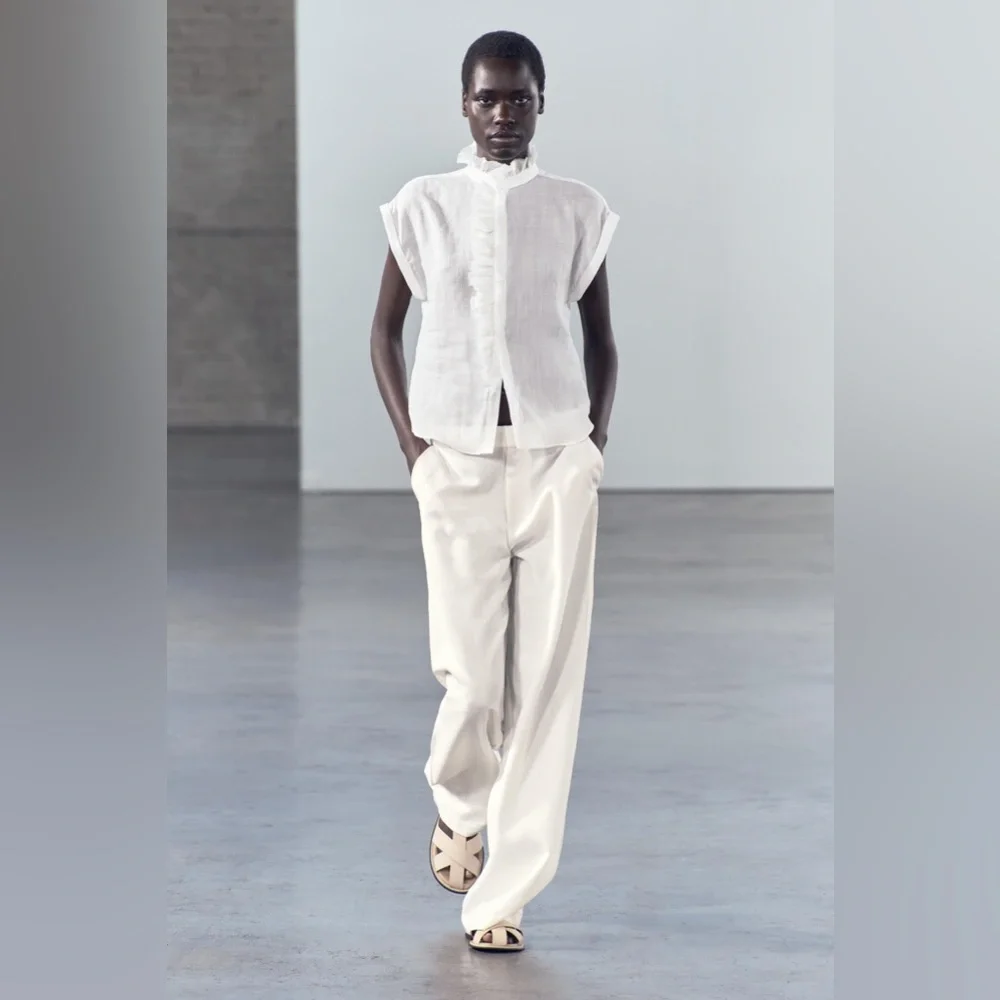 NWT Zara Woman RUFFLED 100% RAMIE SHIRT ZW COLLECTION White Size S Small - Picture 2 of 12